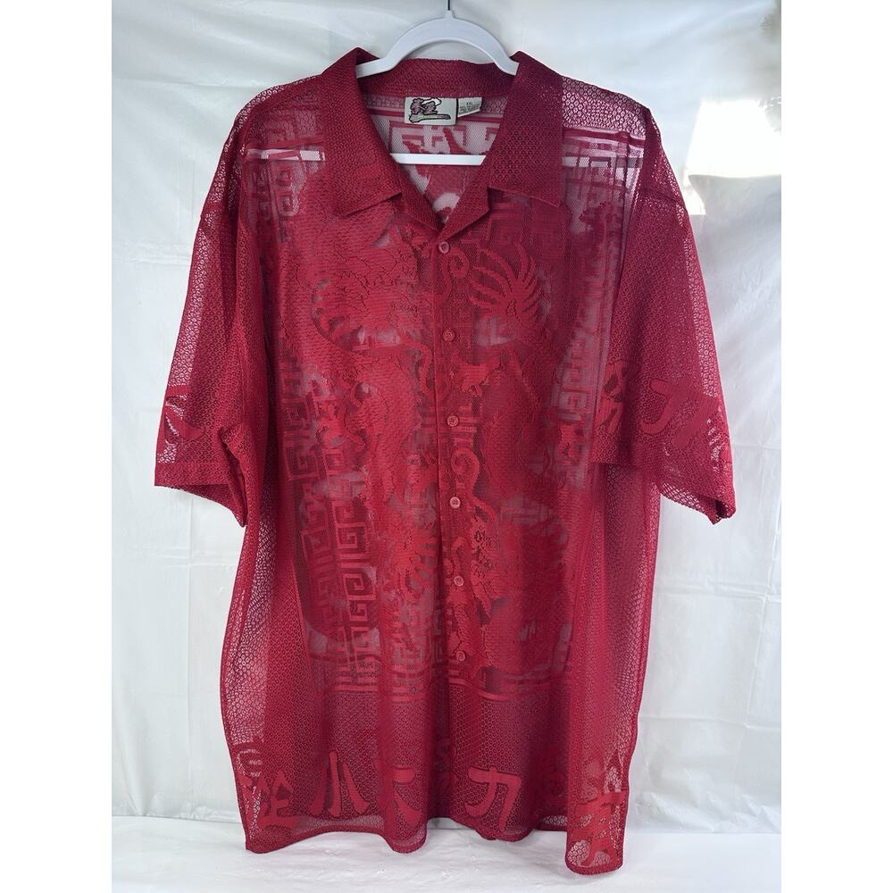 Y2K Dragon Shirt Billion Bay Mens XXL Button Up Lace Mesh 90s Grunge Skater
